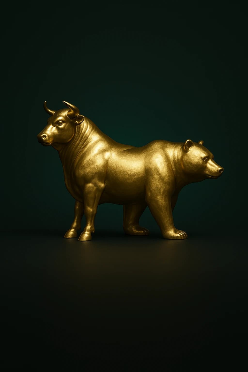 Gold sculpture of a bull and a bear sharing one body.