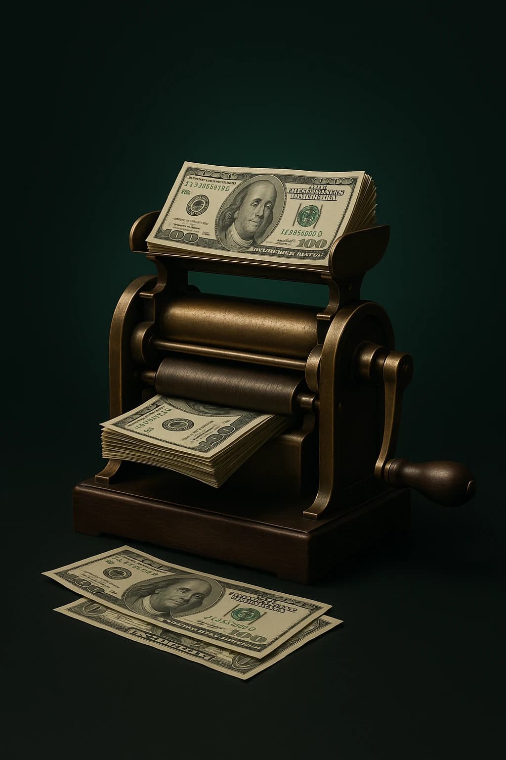 Antique hand-cranked money counter, brass rollers feeding hundred dollar bills.